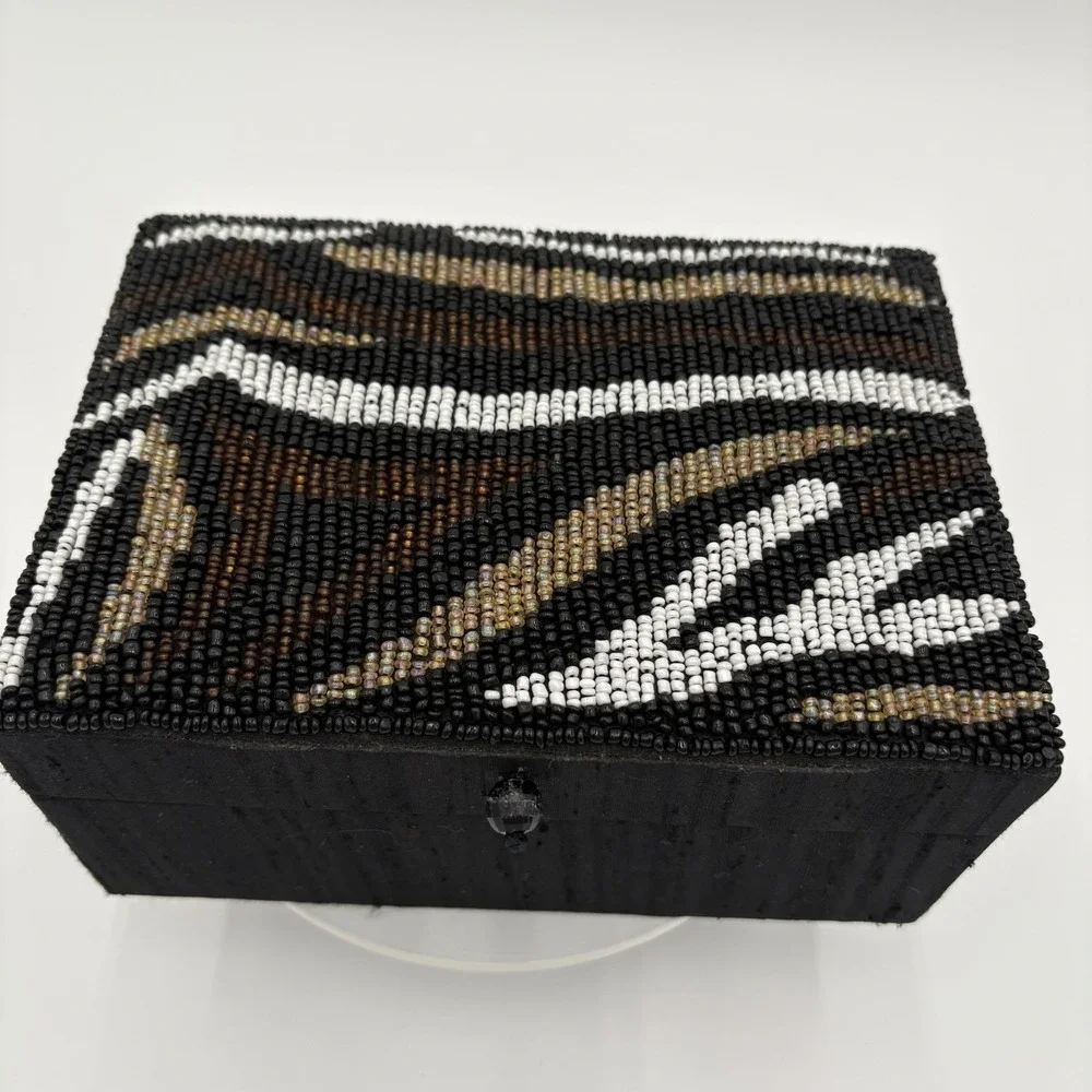 Vintage Handmade In India Black Beaded Jewelry Box 7
